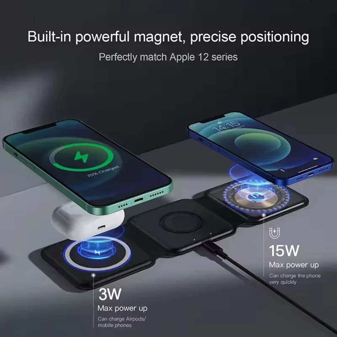 Karikues Magnetik Wireless 3 në 1 i Palosshëm, magnetik dhe praktik, për shtëpi, zyrë dhe udhëtime, ngjyrë e zezë
